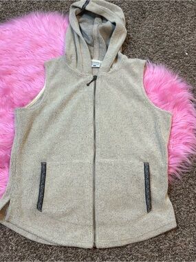 Vintage Columbia Women’s Medium Hooded Fleece Vest Beige Full Zip Y2K Outdoor